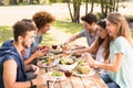 Happy friends in the park having lunch Royalty Free Stock Photo