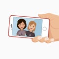 Happy friends photo in a smartphone. Girls are photographed together. Flat vector illustration