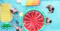 Happy friends playing with air lilo ball inside swimming pool - Young people having fun on summer holidays vacation - Travel, Royalty Free Stock Photo