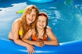 Happy friends posing in the blue inflatable pool