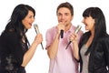 Happy friends singing at karaoke party Royalty Free Stock Photo