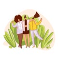 Happy friends and sisterhood vector cartoon illustration. Happy woman holding hands, hugging each other in friendly and Royalty Free Stock Photo