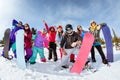 Happy friends skiers and snowboarders fun Royalty Free Stock Photo