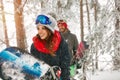 Friends snowboarder having fun in the fog winter forest Royalty Free Stock Photo