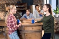 Happy friends spending time together with pizza and soda drinks Royalty Free Stock Photo