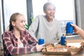 Happy friends spending time together with pizza and soda drinks Royalty Free Stock Photo