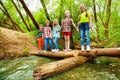 Happy friends standing holding hands on log bridge Royalty Free Stock Photo