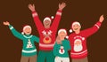 Happy friends in ugly sweaters and hats celebrate Christmas or New Year. Young people celebrate the holiday Royalty Free Stock Photo