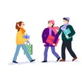 Happy friends walk down the street with gifts in their hands. Winter cityscape. Vector illustration. Preparing for the