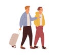 Happy friends walking with luggage. Love couple of young men traveling together with baggage. Colored flat vector
