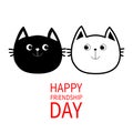 Happy Friendship Day. Black White contour Cat head couple family icon. Cute funny cartoon character set. Greeting card. Kitty Whis Royalty Free Stock Photo