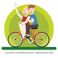 Happy friendship day card. 4 August. Best friends riding an orange bicycle
