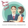 Happy friendship day card. 4 August. Best friends woman and man embracing