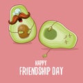 Happy friendship day cartoon comic greeting card with two green avocado friends. Friendship day concept funky greeting