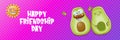 Happy friendship day cartoon comic horizontal banner with two funky avocado friends and cartoon sun isolated on violet