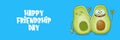 Happy friendship day cartoon comic horizontal banner with two funky avocado friends and cartoon sun isolated on blue