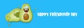 Happy friendship day cartoon comic horizontal banner with two funky avocado friends and cartoon sun isolated on blue