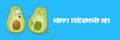 Happy friendship day cartoon comic horizontal banner with two funky avocado friends and cartoon sun isolated on blue