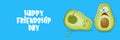 Happy friendship day cartoon comic horizontal banner with two funky avocado friends and cartoon sun isolated on blue