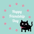 Happy Friendship Day Cat and paw print round frame template. Flat design. Royalty Free Stock Photo