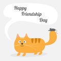 Happy Friendship Day Cute cartoon red cat with mouse Talk think bubble Card. Kids background Flat design