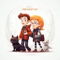 Happy friendship day greeting card with cute boy and girl illustration. Ai generative