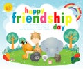 Happy friendship day greeting card with diverse friend group of best friend animals Deer, elephant,dog,cat,rat,giraffe,sheep