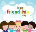 Happy friendship day greeting card with diverse friend group of children hugging together for special event celebration background