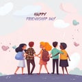 Happy friendship day greeting card with group of multiethnic friends holding hands illustration Ai generative