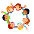 Happy Friendship Day greeting card illustration of diverse children group circle holding hands from top view angle Royalty Free Stock Photo