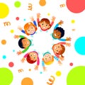 Happy Friendship Day greeting card illustration of diverse children group circle lifting hands above from top view angle