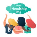 Happy friendship day greeting card with multinational friend group of people hugging together. three girls celebrate friendship