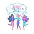 Happy friendship day greeting card. Tree girls hugging and smiling for friend celebration event. People hugging together