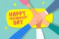 Happy Friendship Day illustration. Hands hold heart with text.