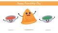 Happy Friendship Day India, North Indian fast food Samosa with green and red chatni cute character vector on white background Royalty Free Stock Photo