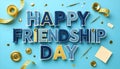 Happy Friendship Day Patchwork Text with Sewing Tools on Blue Background Royalty Free Stock Photo
