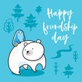 Happy friendship day. Vector illustration of a kawaii funny penguin riding a polar bear