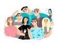 Happy friendship day web banner with diverse friend group of people hugging together. Young generation team hug on