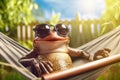 a happy frog relaxing in hammock in backyard, funny holiday and vacation concept, AI generative