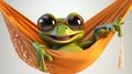 Happy frog wearing sunglasses, casually lounging on an orange hammock