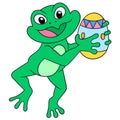 Happy frogs carrying eggs are celebrating Easter, doodle icon image kawaii