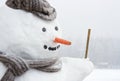 Happy frosty snowman outdoors in snowfall