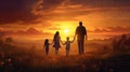 Happy and fun family: mother, father, children son and daughter on nature on sunset Royalty Free Stock Photo