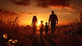 Happy and fun family: mother, father, children son and daughter on nature on sunset Royalty Free Stock Photo
