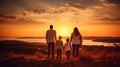 Happy and fun family: mother, father, children son and daughter on nature on sunset Royalty Free Stock Photo