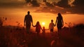 Happy and fun family: mother, father, children son and daughter on nature on sunset Royalty Free Stock Photo