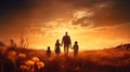 Happy and fun family: mother, father, children son and daughter on nature on sunset Royalty Free Stock Photo