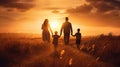 Happy and fun family: mother, father, children son and daughter on nature on sunset Royalty Free Stock Photo