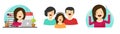 Happy fun family vector or group of people flat isolated, young child pupil study and smiling, girl person wow excited or success