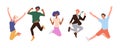 Happy funny active people cartoon characters rejoicing jumping in air celebrating success set